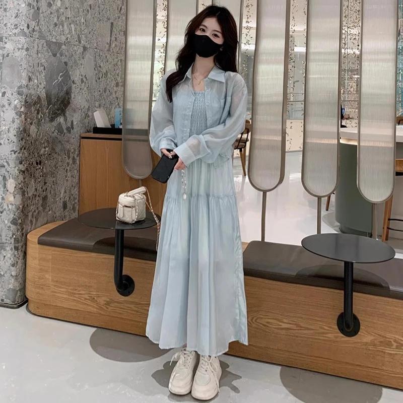 时尚连衣裙女2024夏季新款洋气显瘦时髦防晒衬衫吊带裙子两件套裙