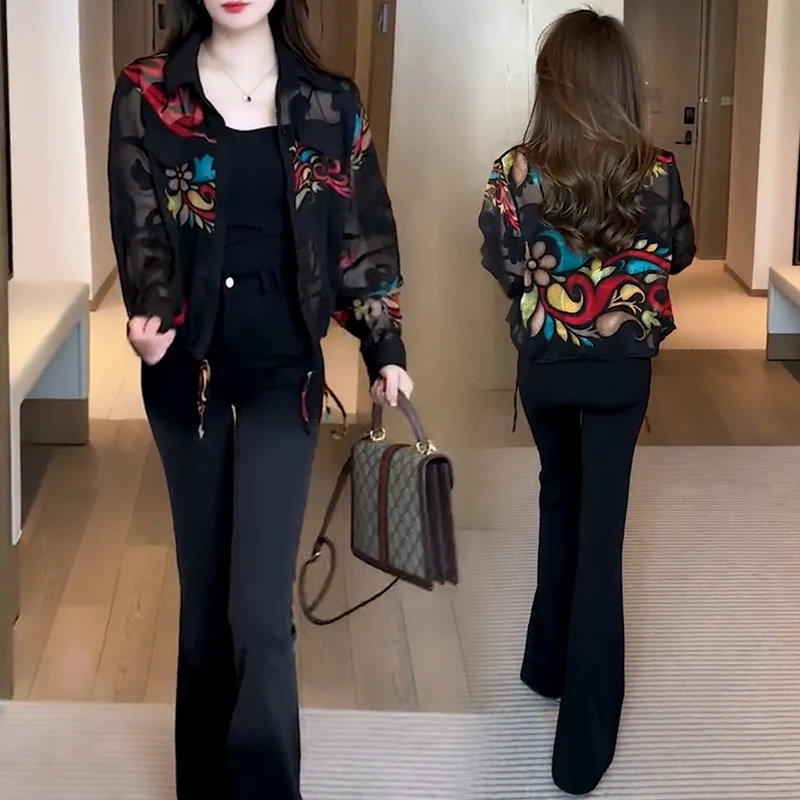 长袖印花衬衫外套女2024春夏新款洋气质显瘦百搭时尚防晒衬衣上衣