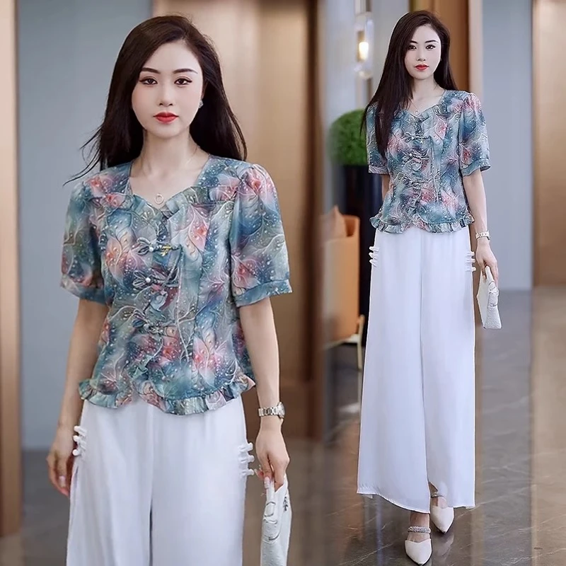 时尚洋气套装女夏季新款设计感新中式国风盘扣雪纺衫阔腿裤两件套