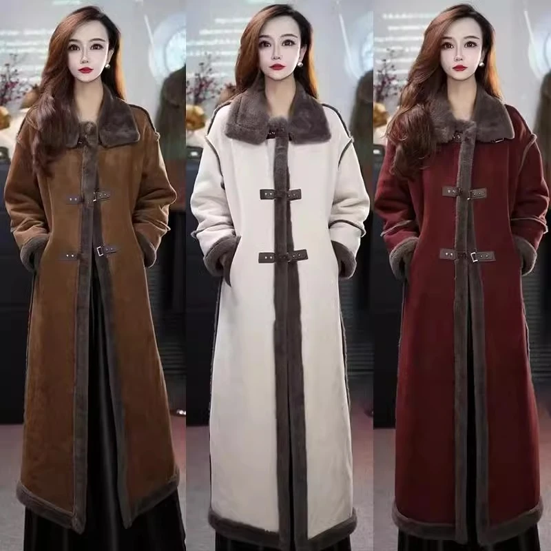 复古长款鹿皮绒大衣女2024冬季新款时尚加厚羊羔毛绒皮毛一体外套