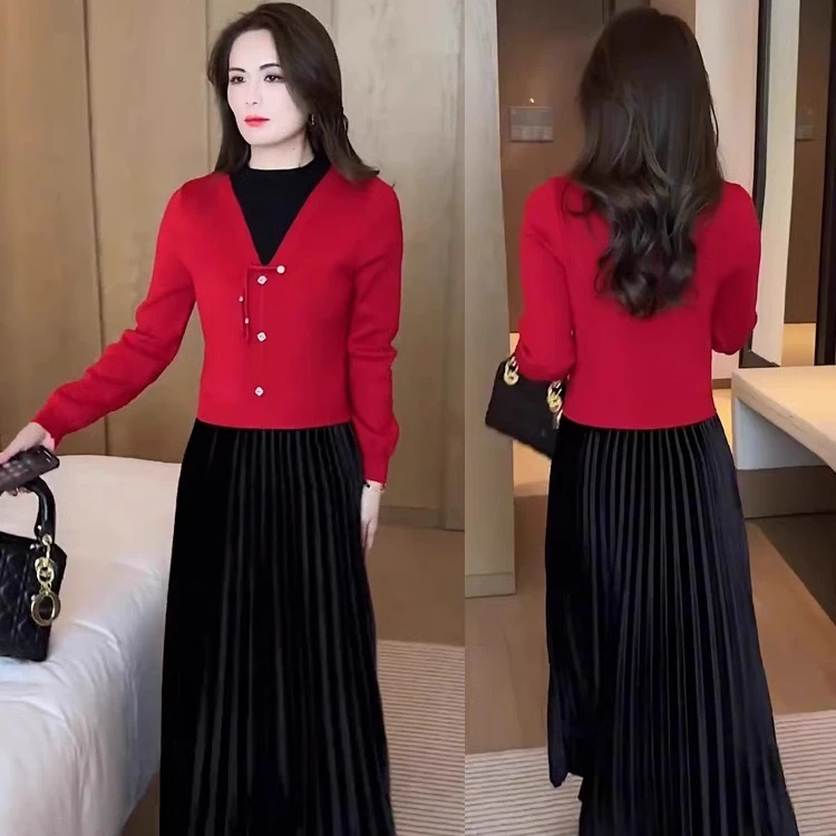 假两件连衣裙女2024年春秋冬新款时尚洋气中长款国风打底毛衣裙子