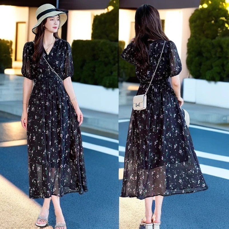 爆款气质遮肉显瘦碎花连衣裙女2025新款夏装轻奢高级感雪纺长裙子