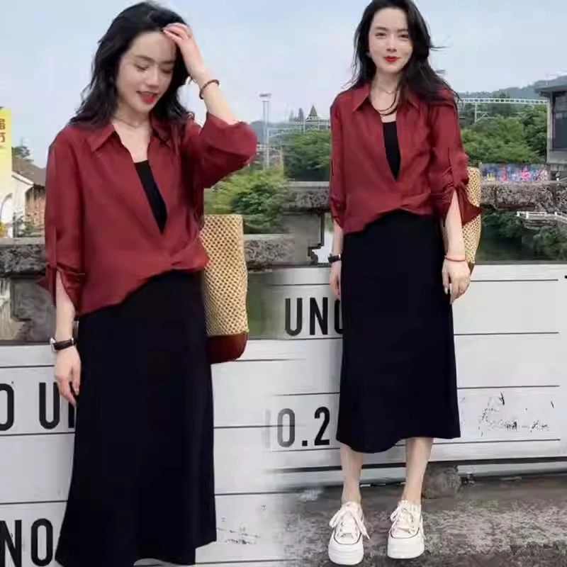 时尚连衣裙套装女2025秋季新款洋气显瘦交叉长袖衬衫吊带裙两件套