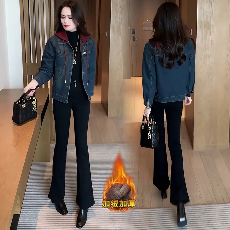 加绒加厚牛仔外套女2024冬季新款洋气显瘦休闲保暖连帽短款夹克潮