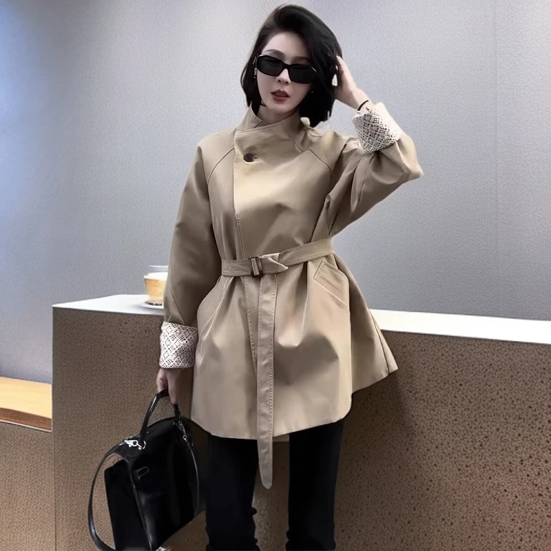 高级感风衣女小个子2024春秋新款韩版系带收腰中长款休闲气质外套