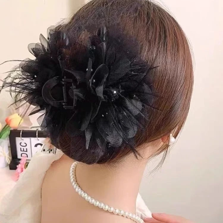 牡丹花羽毛抓夹轻奢时尚鲨鱼夹发夹头饰气质网红发卡黑色发饰优雅