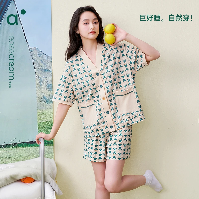 安之伴纯棉睡衣女套装可爱印花时尚宽松夏季家居服82221722040