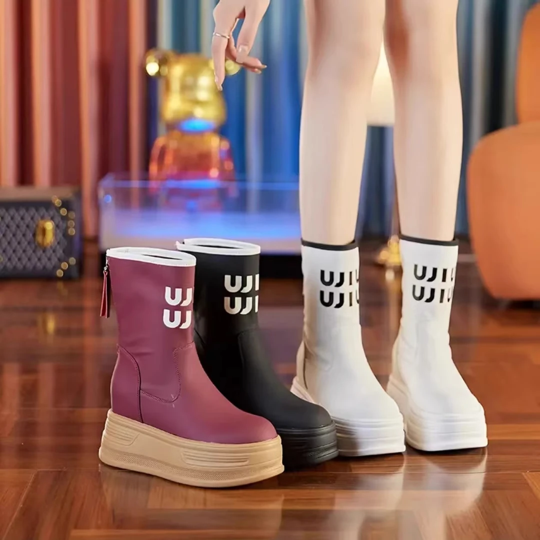 爆款流行瘦瘦靴女2024年爆款流行百搭安可拉短靴9CM厚底内增高靴