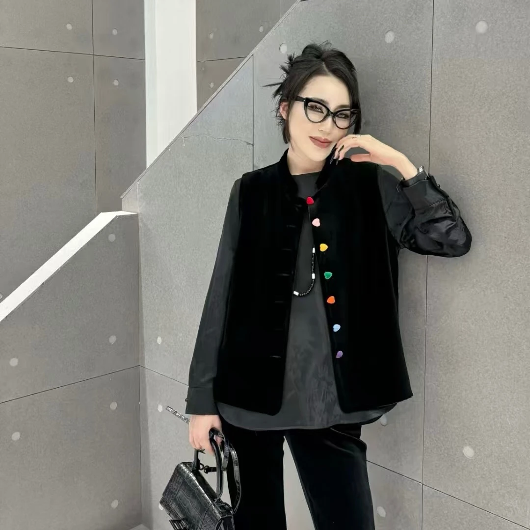 欧洲站新中式丝绒彩虹扣马甲女2025春季新款时尚洋气宽松坎肩上衣