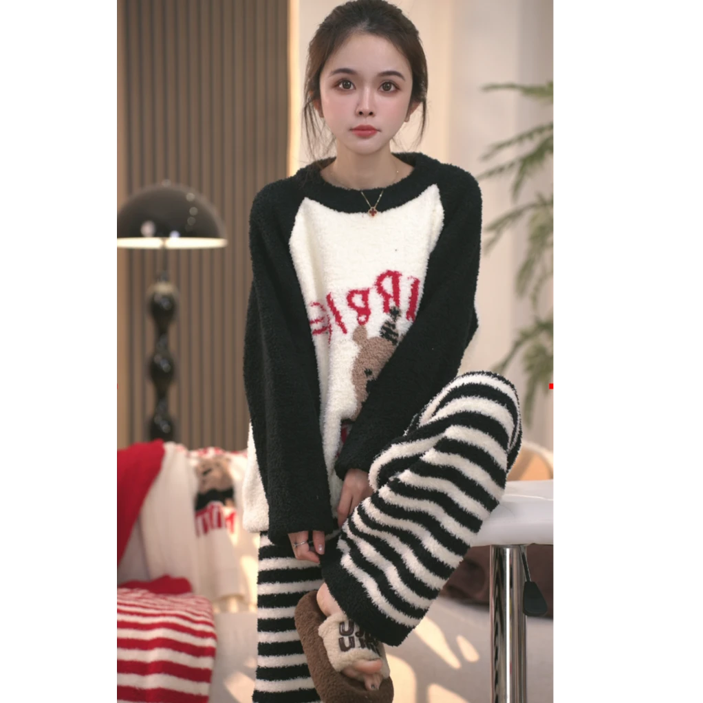 大菲【月光手信】韩版针织长袖长裤爱心小熊可外穿家居服大码