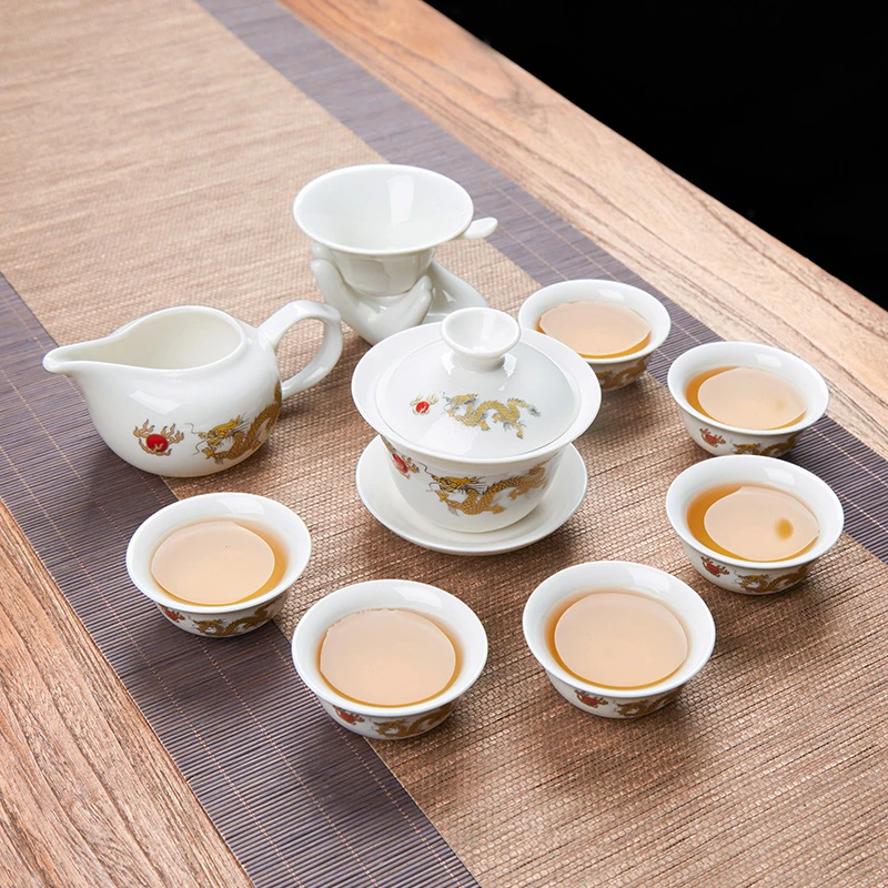 茶具套装金龙白瓷套装家用简约陶瓷中式大号三才瓷盖碗茶杯手工