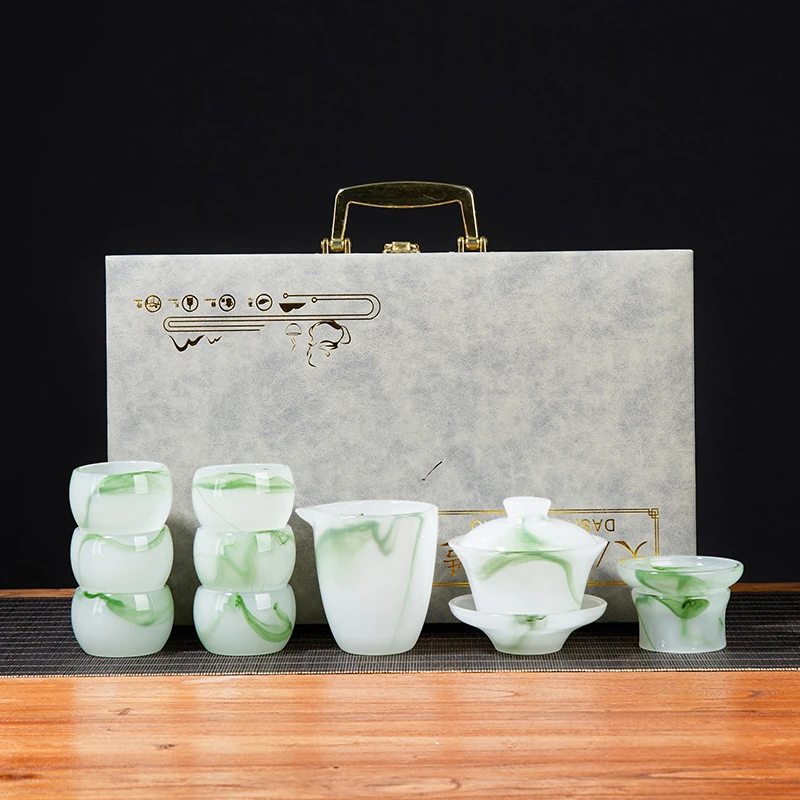 V茶具套装简约家用飘绿盖碗罗汉杯带过滤整套茶杯组合泡茶礼盒装