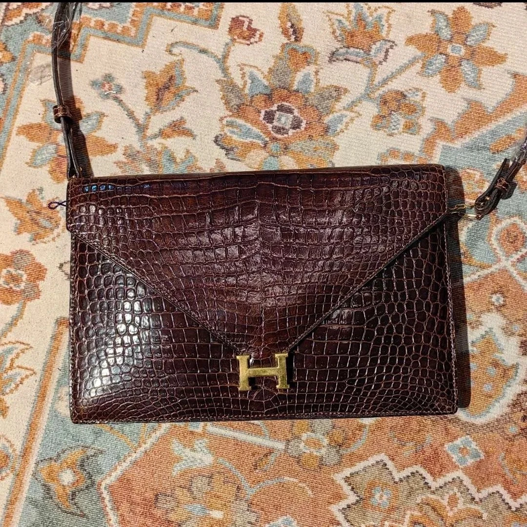 95新  Hermes爱马仕中古深棕色 lydie信封单肩包斜挎包