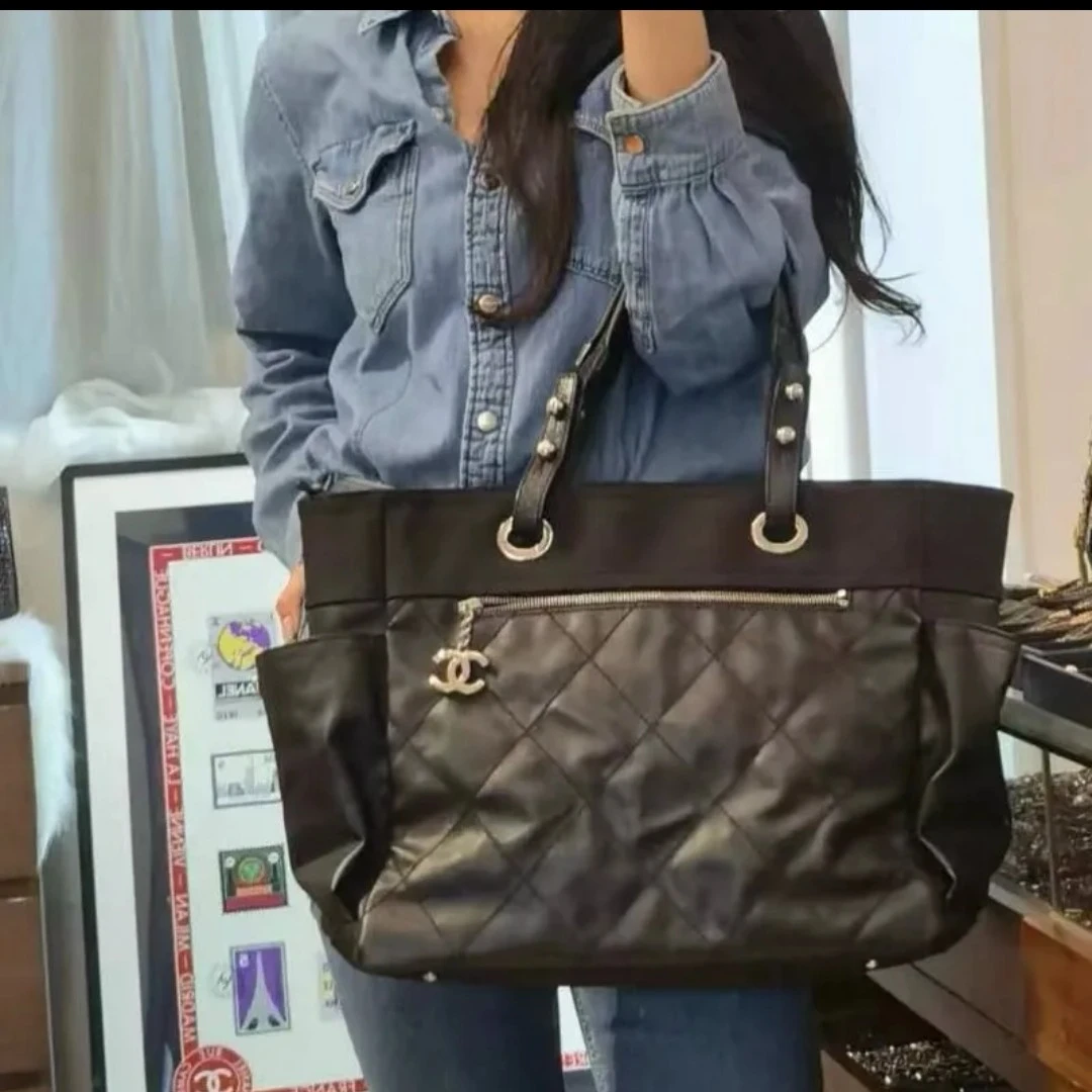 95新  CHANEL 香奈儿中古黑金菱格托特手提包单肩包