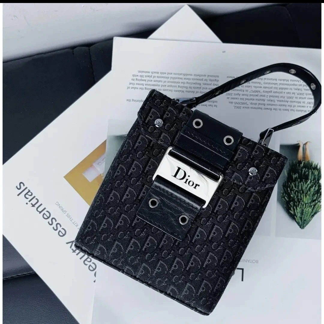 95新  Dior迪奥中古黑银小号布面老花手提包