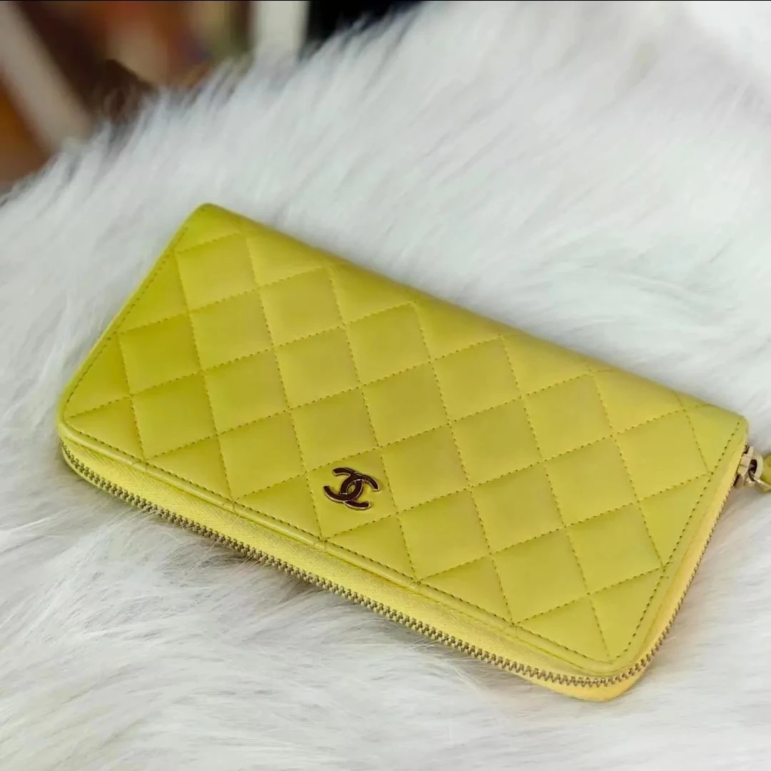 95新  CHANEL 香奈儿中古黄色菱格钱包