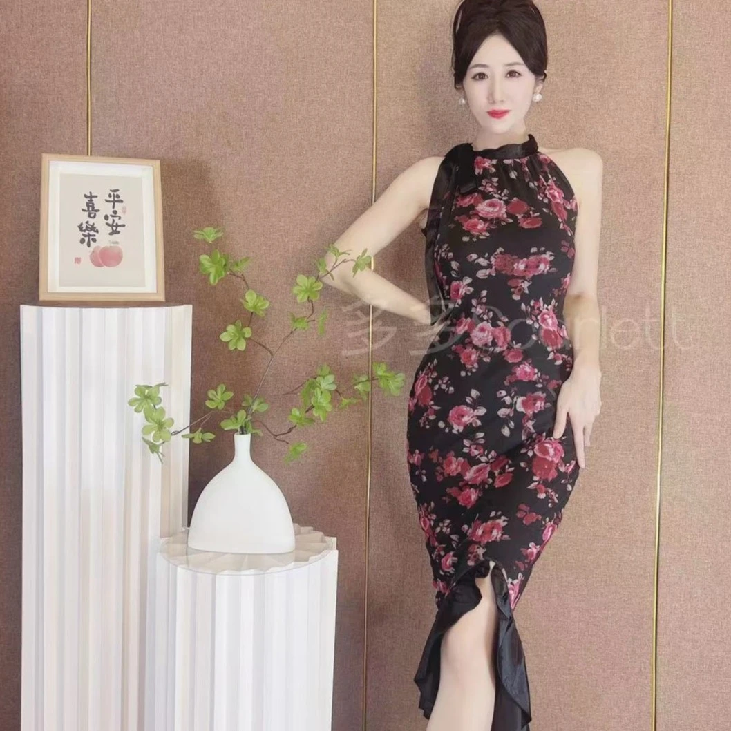 【丽都魅影】弹力修身印花开叉连衣裙显瘦碎花气质吊带裙性感包臀