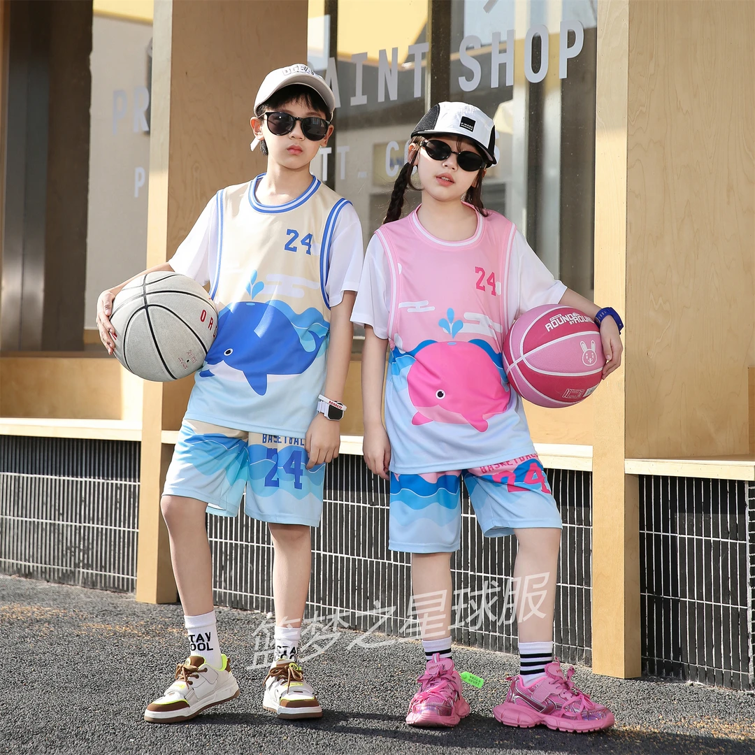 24号卡通鲸鱼儿童篮球服女童夏幼儿园表演速干训练营球衣短袖套装