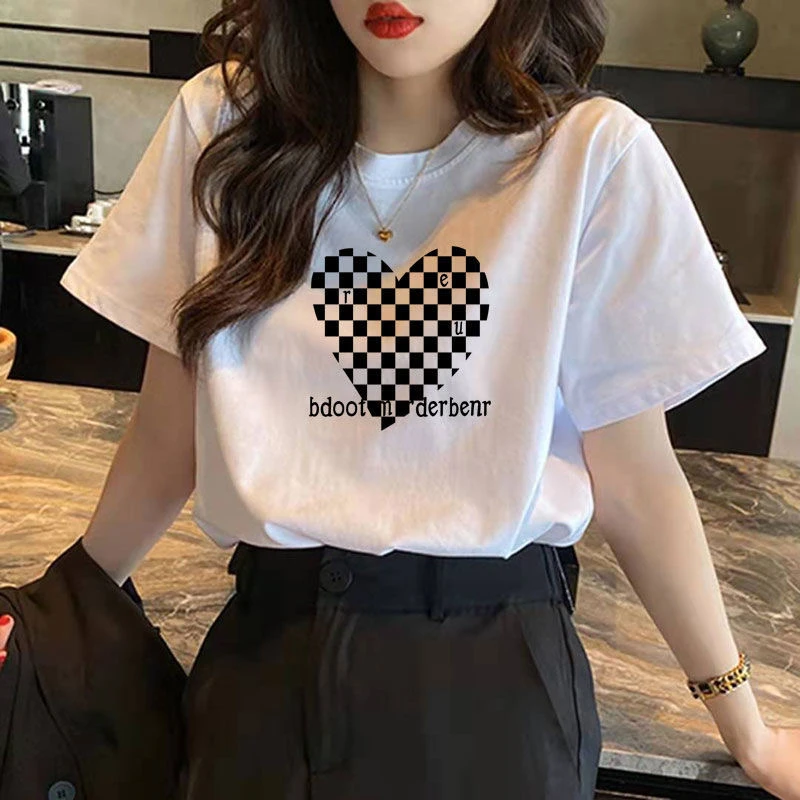 韩版短袖t恤女夏季新款格子爱心宽松圆领半袖体恤打底上衣ins