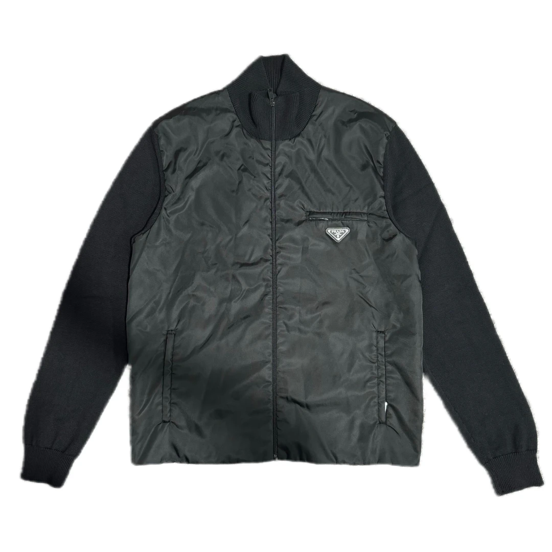 Prada百搭黑色尼龙针织拼接三角标外套99新52码