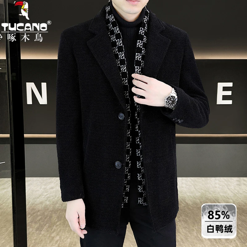 TUCANO/啄木鳥【羽绒围巾大衣】冬季设计感高端条纹风衣男士中长款