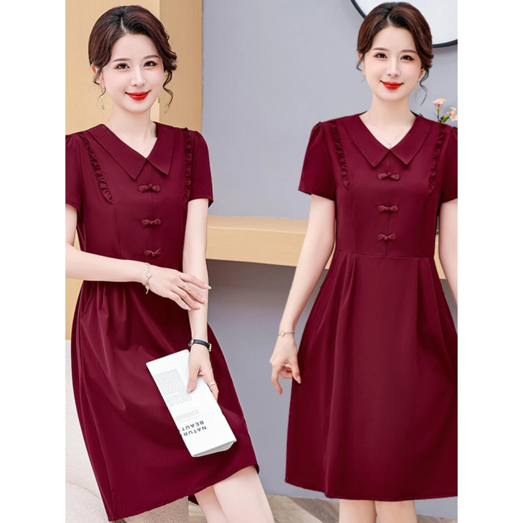 有口袋/妈妈夏装新款短袖连衣裙洋气中长款中年女装纯色气质裙子