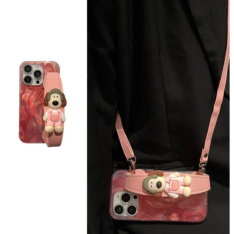 羽纱玫粉色大耳朵狗腕带苹果15promax手机壳iPhone14斜挎挂绳13女
