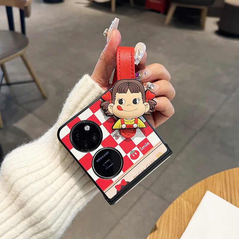不二家女孩适用华为Pocket2手机壳红白棋盘格卡通手腕带novaFlip