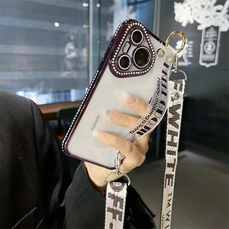 闪钻镜头膜适用华为Pura70Pro+手机壳斜挎绳Pura70透明腕带全包女