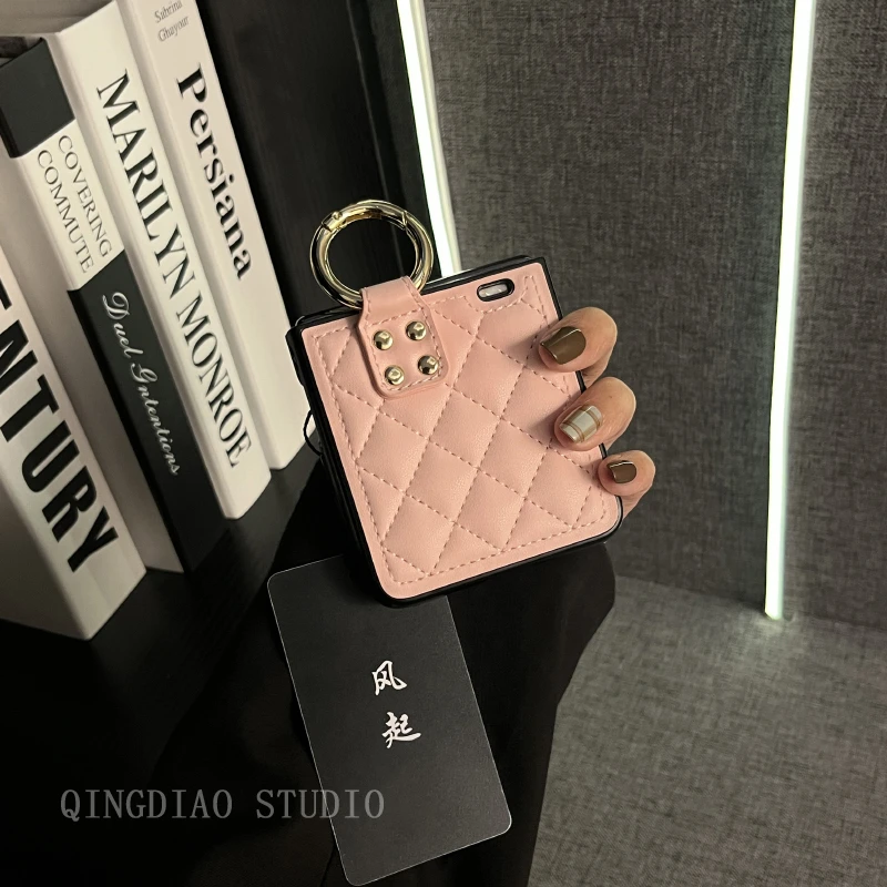 少女粉皮质菱格指环扣适用荣耀MagicVFlip手机壳新款小米MIX Flip