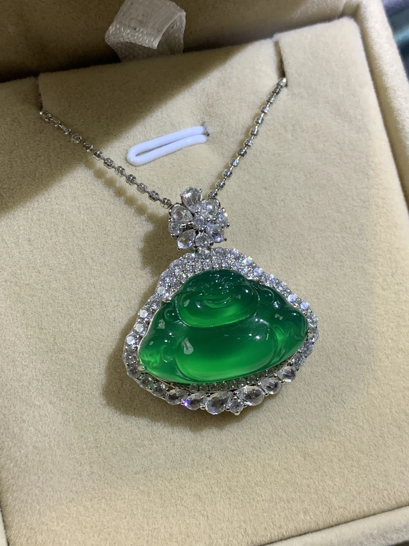 s925银天然绿玉髓佛公吊坠辣绿气质百搭