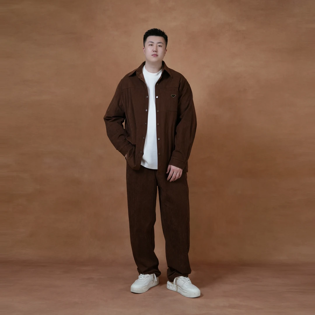 马丁叔叔木质纹雪尼尔纯色秋冬休闲宽松时尚衬衫套装