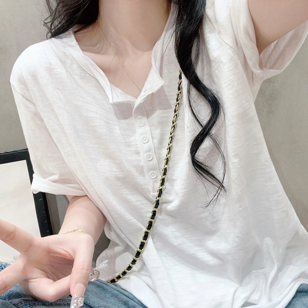 100%纯棉慵懒风竹节棉宽松百搭T恤女2024夏季短袖设计感休闲上衣