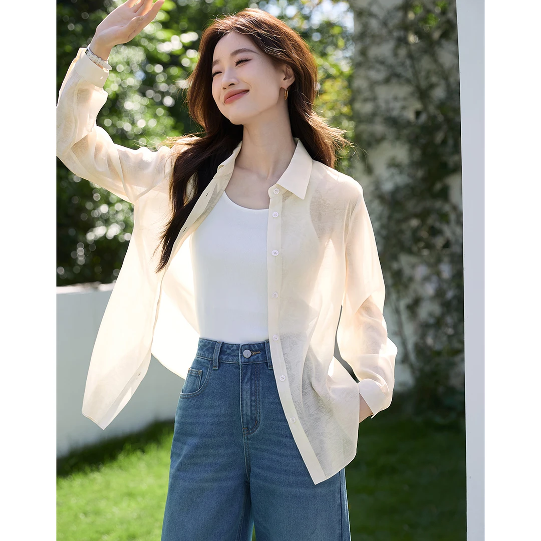 沫晗依美秋季新款休闲暗纹印花薄款透气休闲气质宽松衬衫A017
