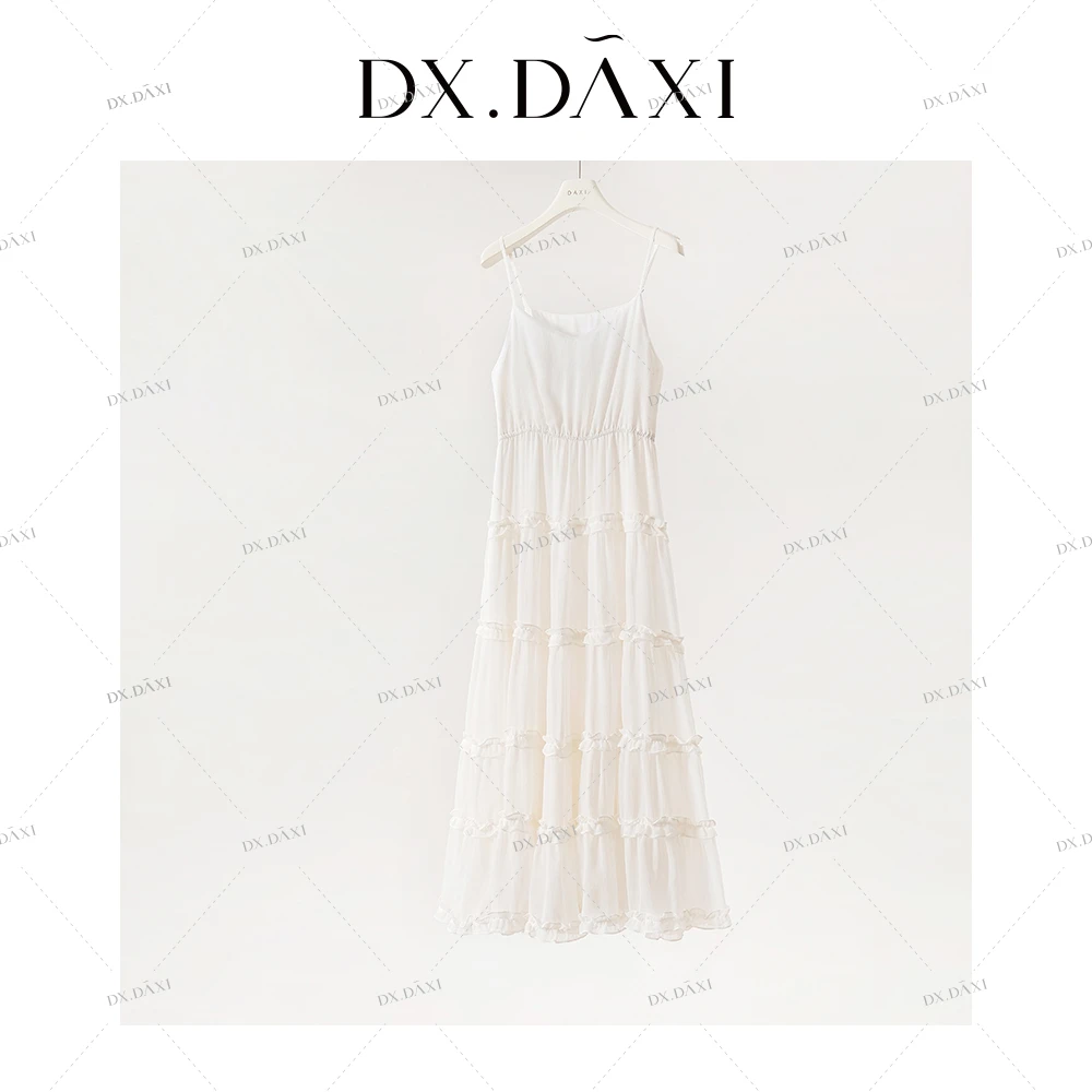 DX.DAXI【白日之梦】白色吊带连衣裙女2024春夏新款蛋糕裙沙滩长裙