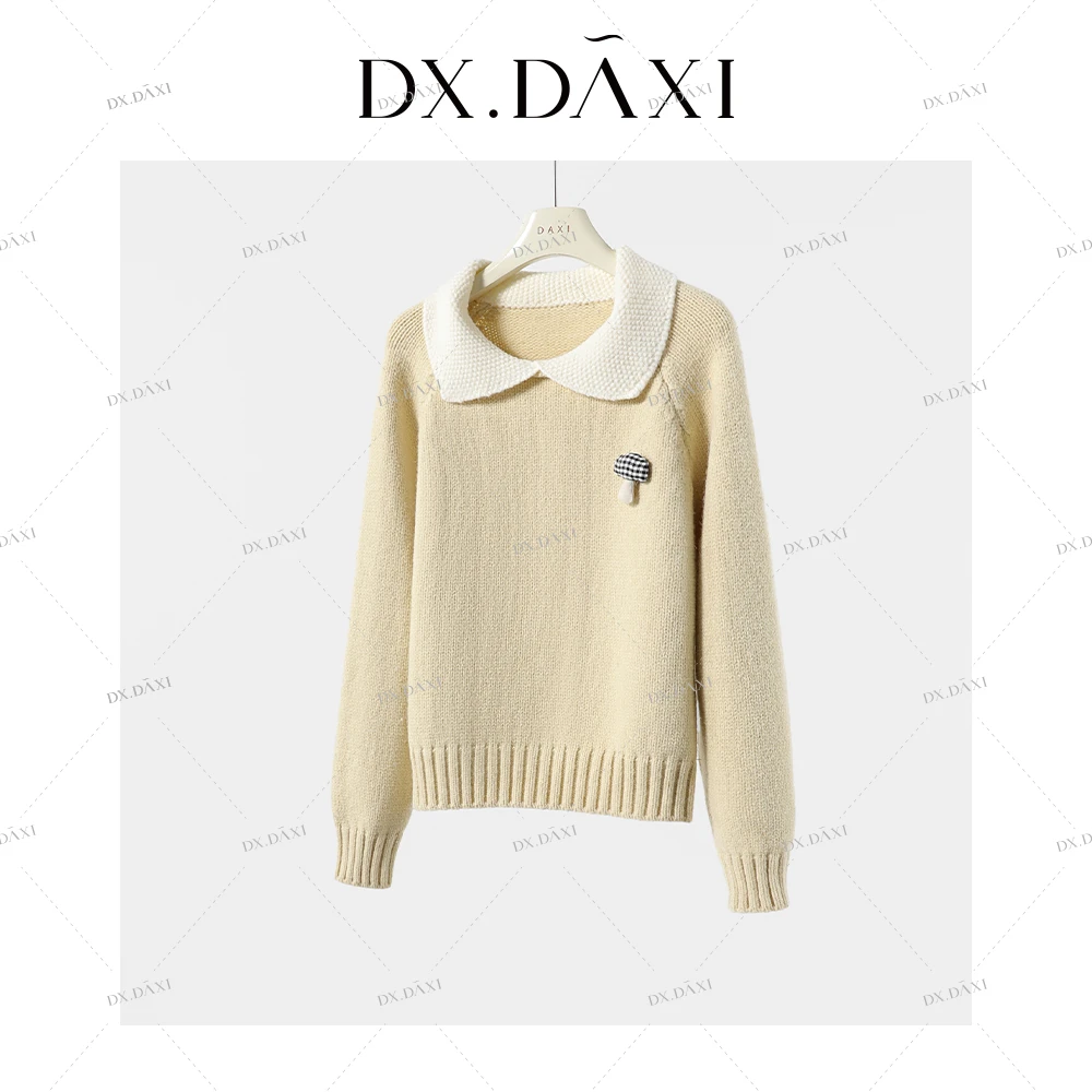 代大喜【芝士蘑菇】百搭甜美可爱减龄撞色针织衫2024冬季新款女毛衣