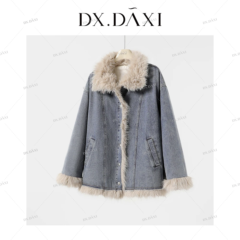 代大喜【海岛邮差】复古风拼接毛领短款牛仔女款羽绒服2024冬季新款