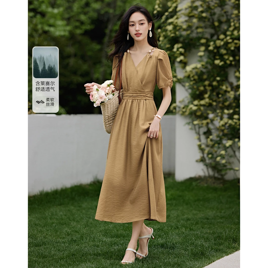 沫晗依美秋季新款法式度假风气质泡泡袖显瘦莱赛尔连衣裙A006