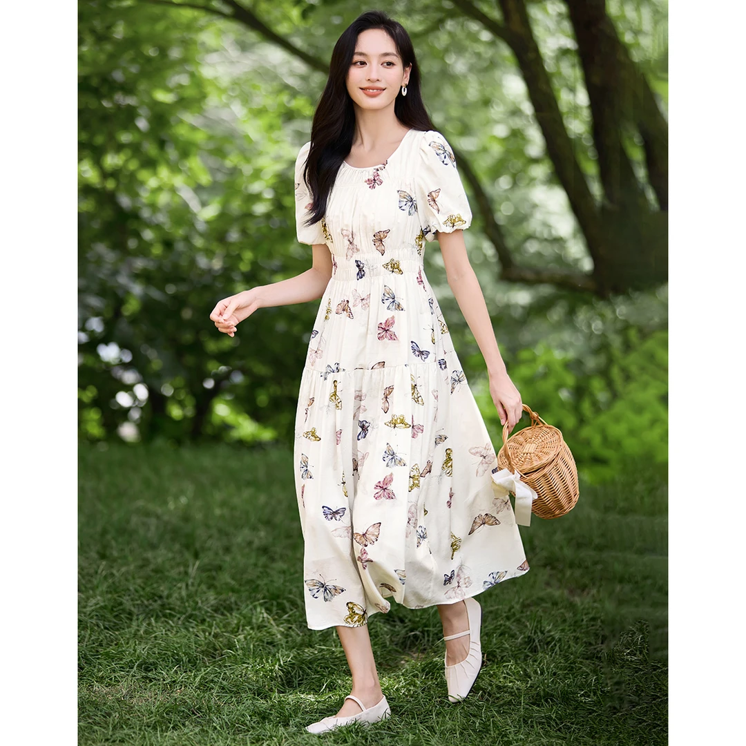 沫晗依美法式蝴蝶印花圆领夏季新款高级气质茶歇连衣裙B026