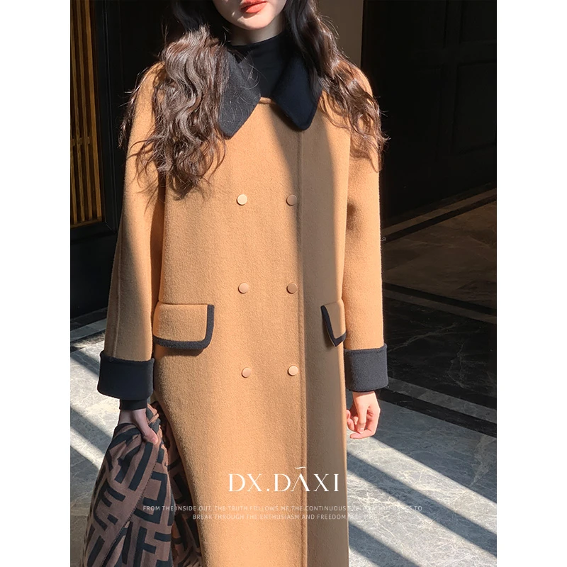代大喜【晚杏】气质撞色驼色优雅羊毛双面呢大衣冬季新款宽松外套