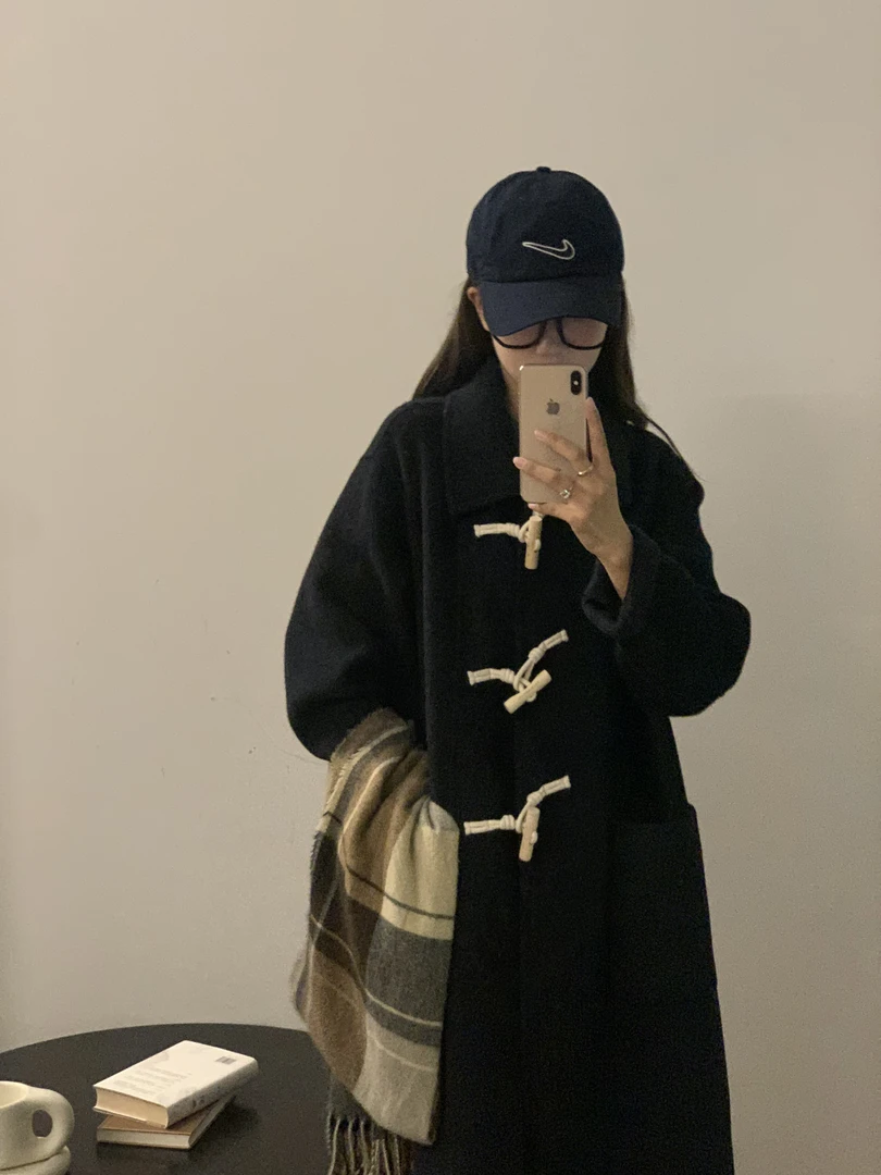 韩系牛角扣双面羊毛大衣8102