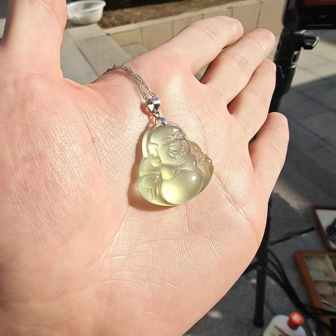 【福宝】天然矿料正冰佛公岫玉吊坠挂件项链 小佛公银卡扣银链子