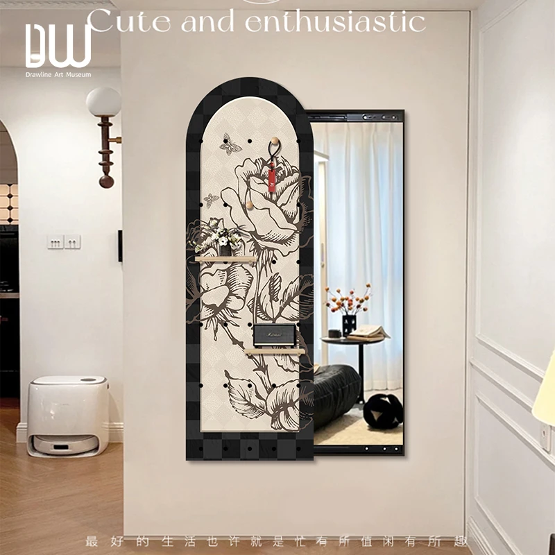 法式复古暗藏式全身镜装饰画中古风玄关挂画创意洞洞板隐藏穿衣镜