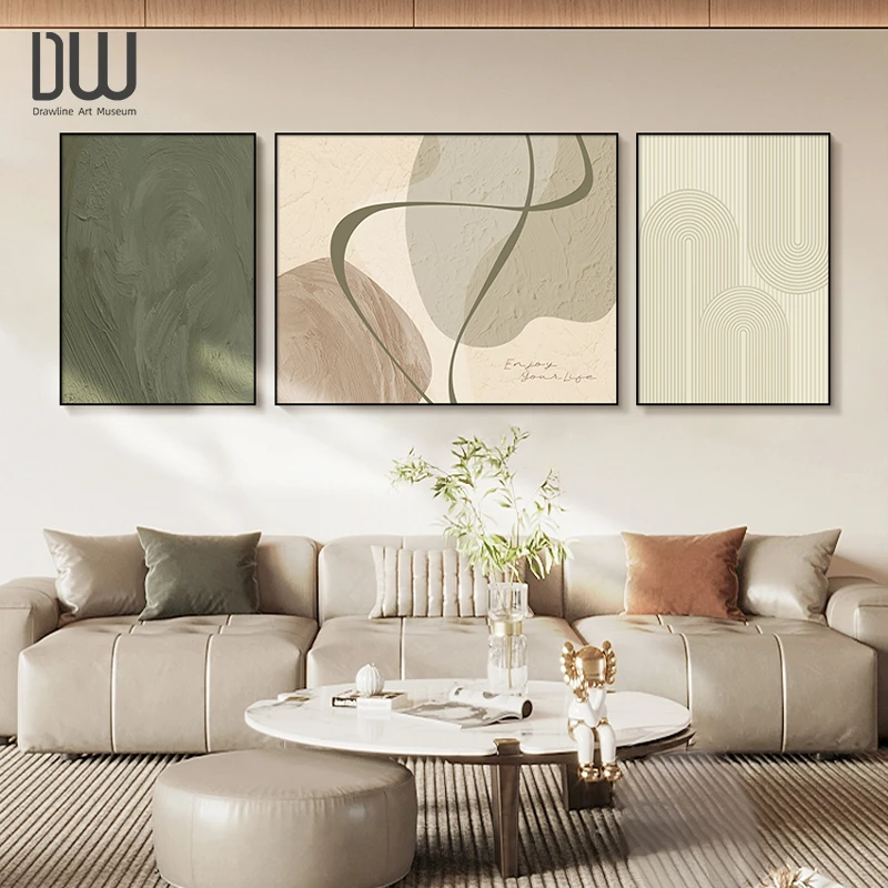 奶油侘寂风客厅装饰画现代沙发背景墙抽象三联挂画高级感极简壁画