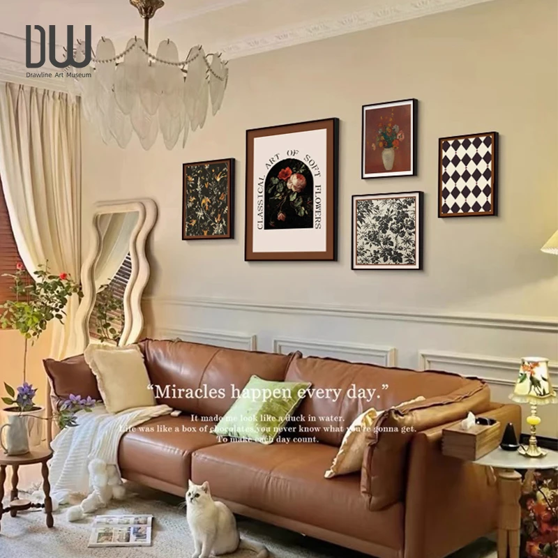 中古风艺术沙发背景墙挂画法式复古客厅装饰画高级感餐厅壁画