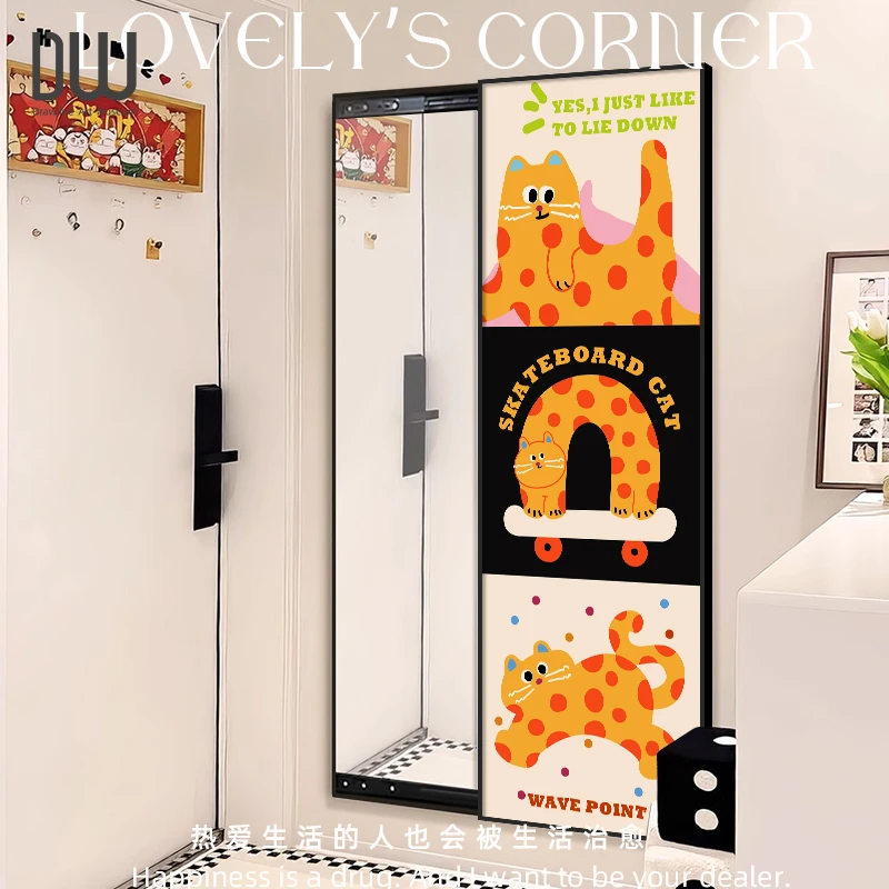 多巴胺推拉全身镜装饰画ins风隐形卧室穿衣镜画猫咪卡通玄关挂画