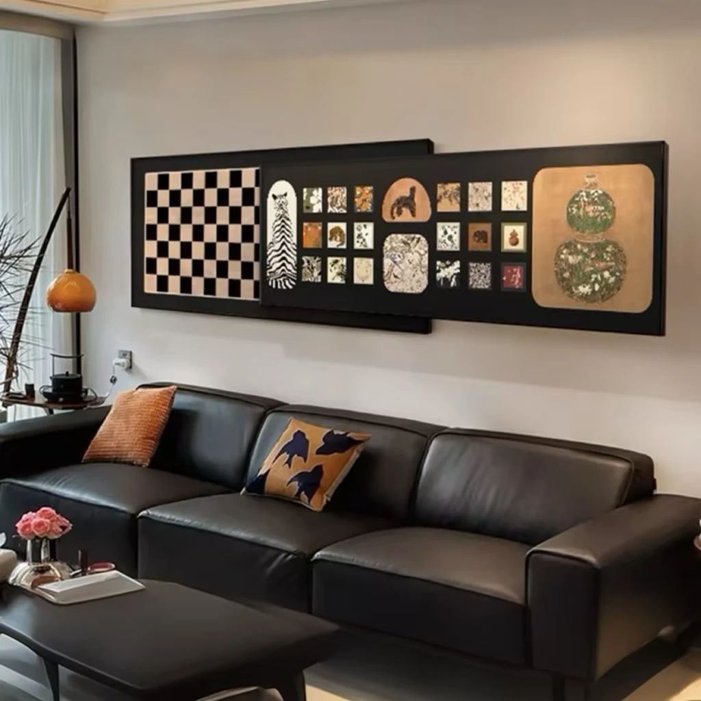 中古风金钱豹客厅装饰画葫芦百联叠加沙发背景墙挂画法式高级壁画