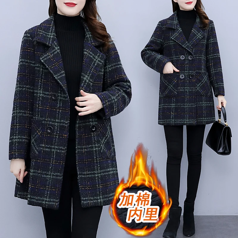 加厚加棉呢子大衣女装冬季时尚韩版格子大码宽松女士西装毛呢外套