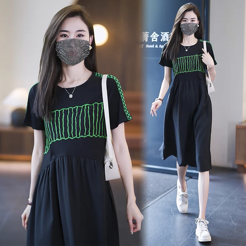 短袖连衣裙2023夏季新款大码女装宽松显瘦气质胖MM时尚印花长裙子