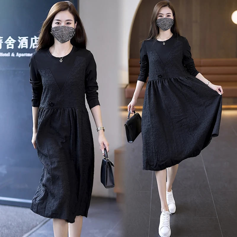 春季新款连衣裙胖mm宽松显瘦洋气大码女装中长款长袖赫本小黑裙